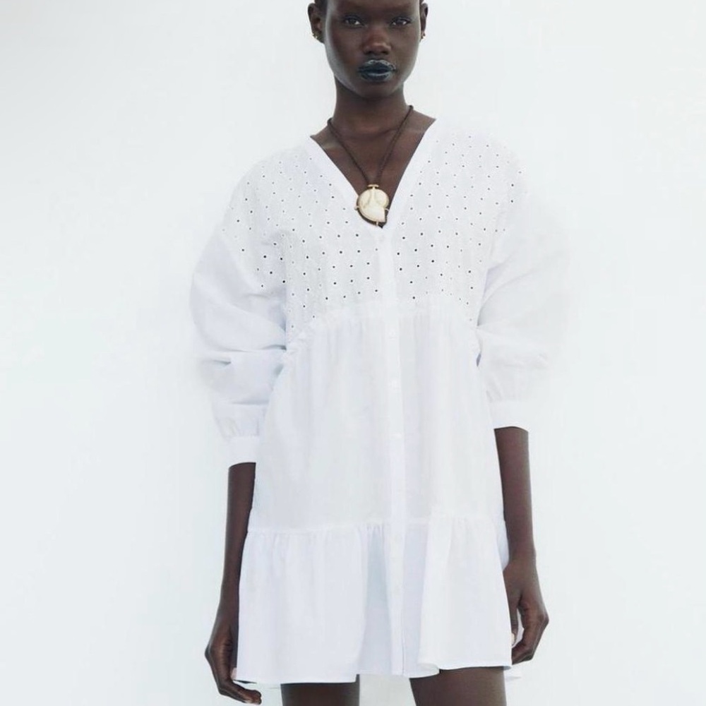 Zara White Eyelet V-Neck Dress
